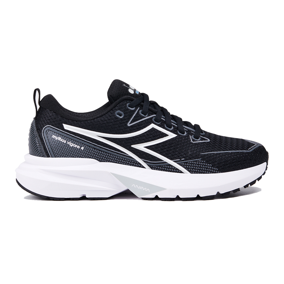 Side view on white background of Womens Diadora Mythos Blushield Vigore 4 running shoe in Black/White, Medium (Regular) width