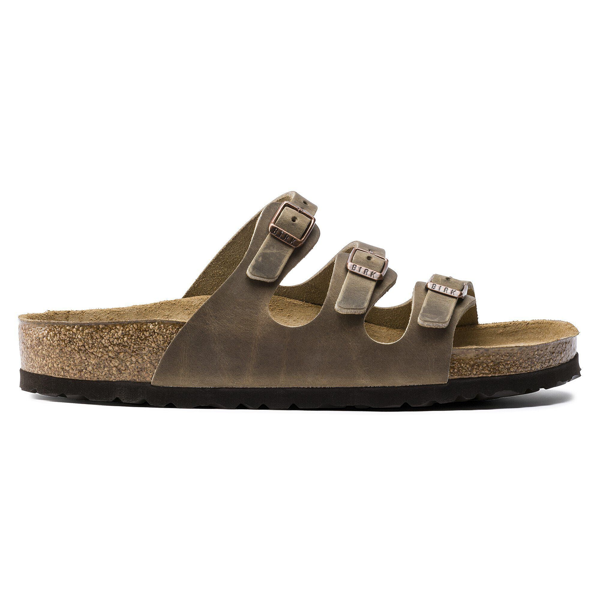 Side view on white background of Womens Birkenstock Florida running shoe in Tobacco Brown, Medium (Regular) width