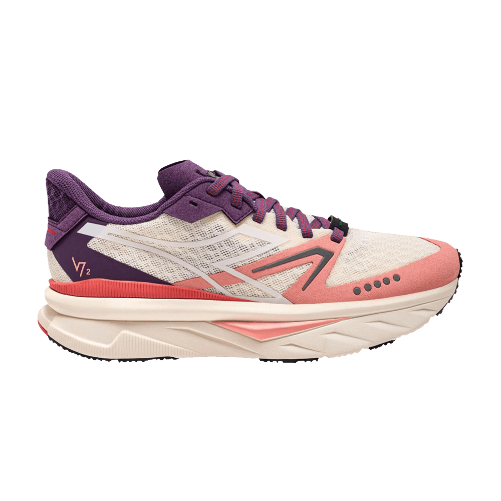 Side view on white background of Womens Diadora Atomo V7000-2 running shoe in Whisper White/Peach Amber, Medium (Regular) width
