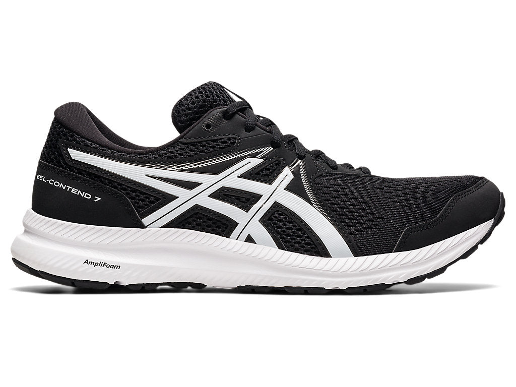 Side view on white background of Mens Asics Gel-Contend 7 running shoe in Black/White, Medium (Regular) width