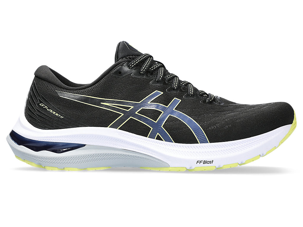 Side view on white background of Mens Asics GT-2000 11 running shoe in Black/Glow Yellow, Medium (Regular) width