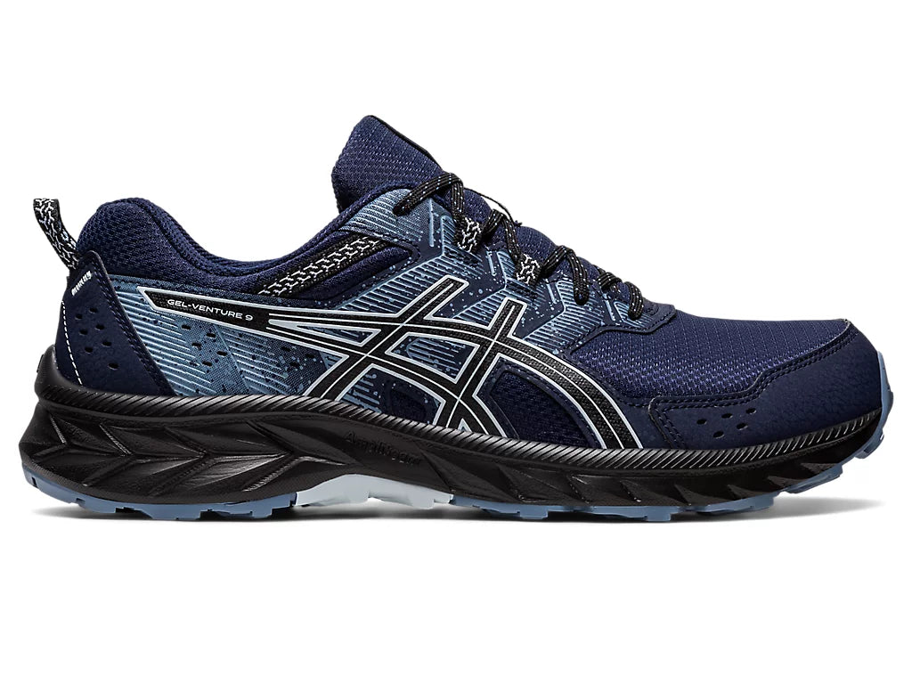 Side view on white background of Mens Asics Gel-Venture 9 running shoe in Midnight/Sky, Medium (Regular) width