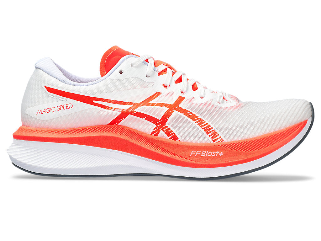 Side view on white background of Mens Asics Magic Speed 3 running shoe in White/Sunrise Red, Medium (Regular) width