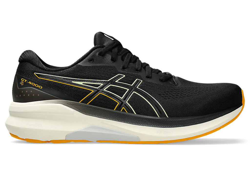 Side view on white background of Mens Asics GT-4000 4 running shoe in Black/Amber, Wide width