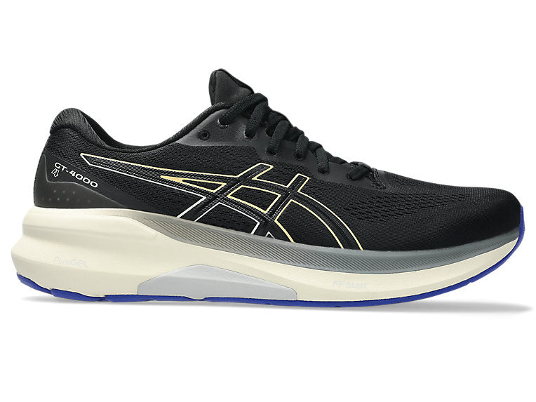 Side view on white background of Mens Asics GT-4000 4 running shoe in Black/Light Orange, Medium (Regular) width