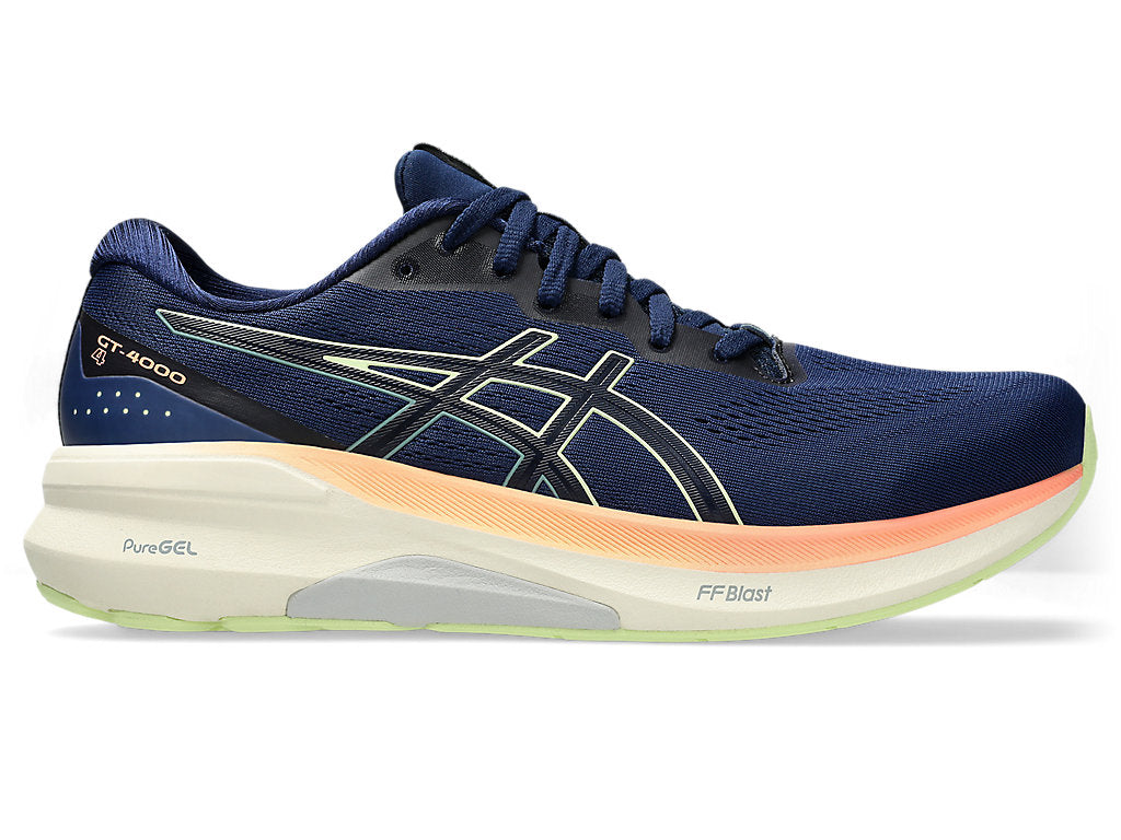 Side view on white background of Mens Asics GT-4000 4 running shoe in Blue Exanpse and Cool Matcha, Wide width