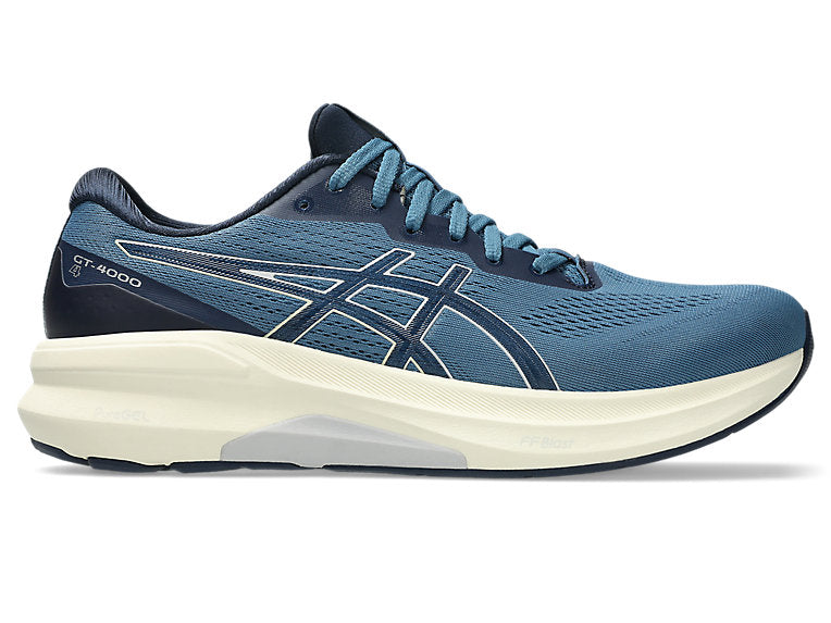 Side view on white background of Mens Asics GT-4000 4 running shoe in Winter Sea/March, Wide width