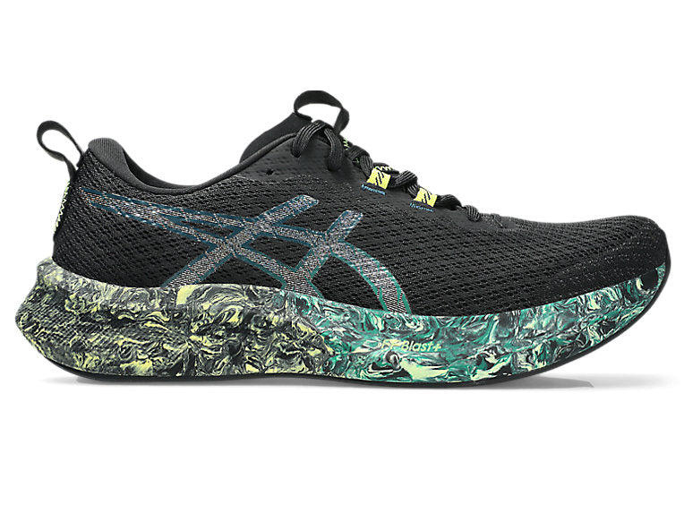 Side view on white background of Mens Asics Noosa Tri 16 running shoe in Black/Jasper Green, Medium (Regular) width