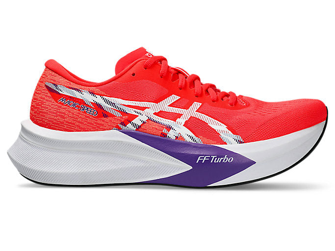 Side view on white background of Mens Asics Magic Speed 4 running shoe in Flash Red/White, Medium (Regular) width