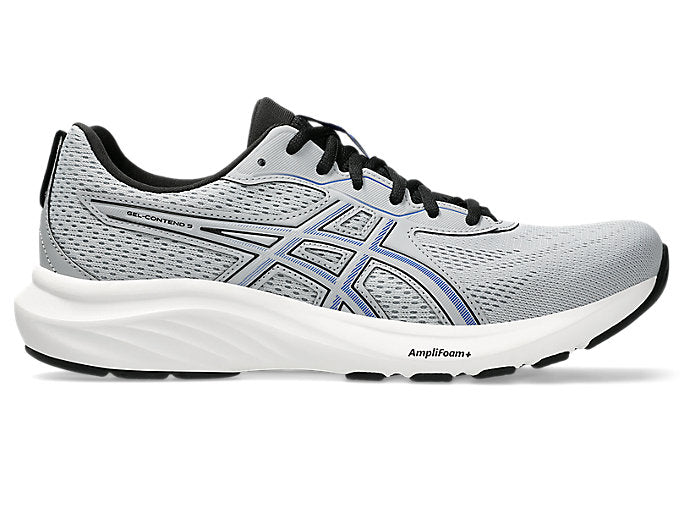 Side view on white background of Mens Asics Gel-Contend 9 running shoe in Piedmont Grey/Black, Medium (Regular) width