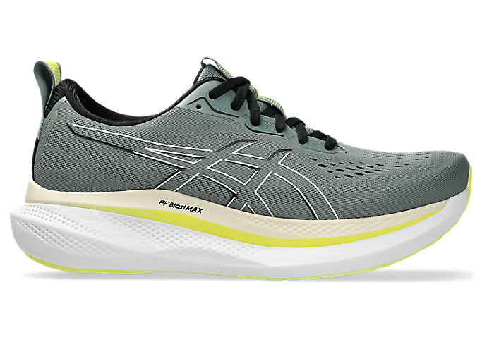 Side view on white background of Mens Asics Glideride Max running shoe in Monument Blue/Vanilla, Medium (Regular) width