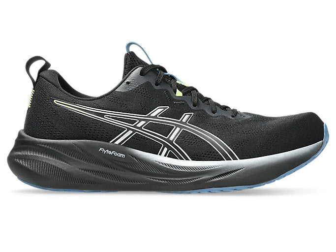 Side view on white background of Mens Asics Gel-Pulse 16 running shoe in Black/Pure Silver, Medium (Regular) width