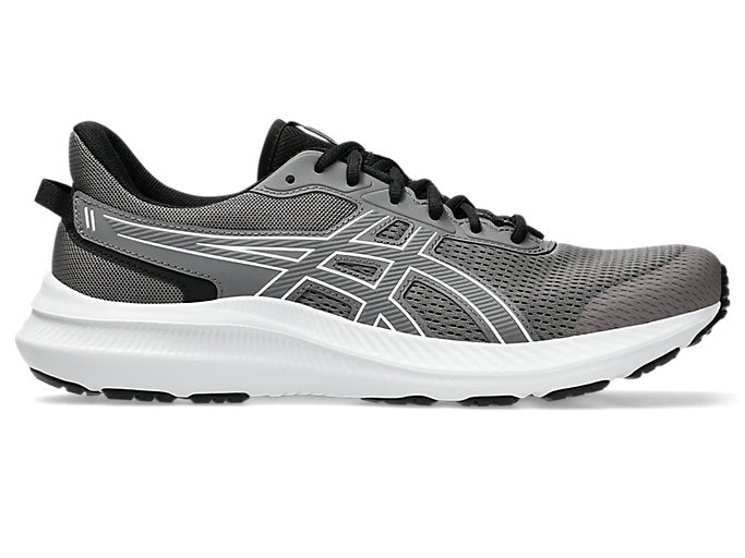 Side view on white background of Mens Asics Jolt 5 running shoe in Carbon and White, Medium width