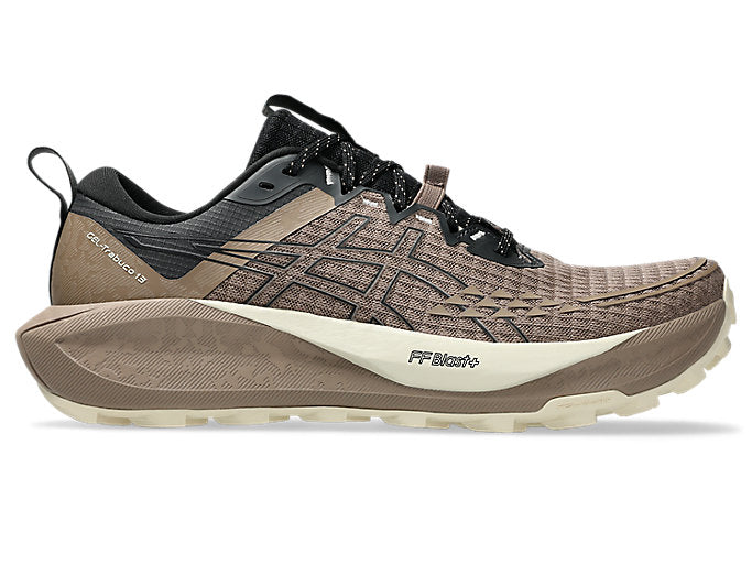 Side view on white background of Mens Asics Gel-Trabuco 13 running shoe in Taupe Grey/Black, Medium (Regular) width