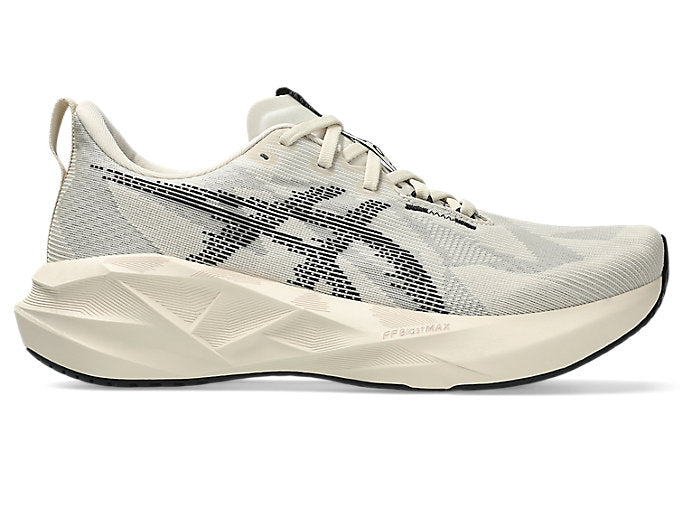 Side view on white background of Mens Asics Novablast running shoe in Oatmeal/Black, Medium (Regular) width