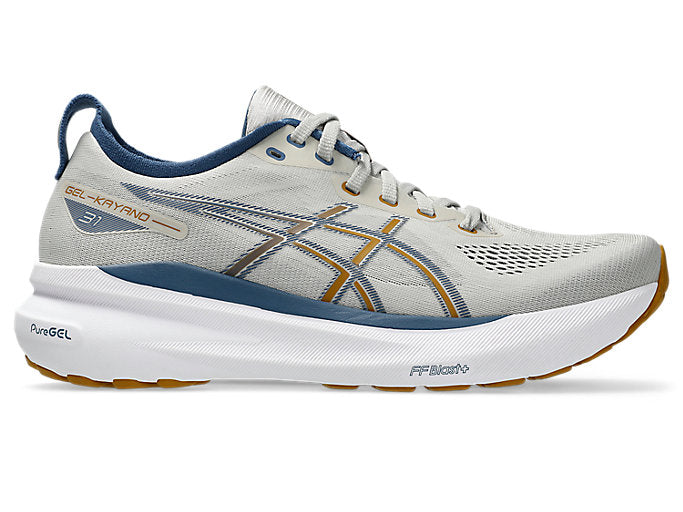 Side view on white background of Mens Asics Gel-Kayano 31 running shoe in Oyster Grey/Spice Curry, Medium (Regular) width