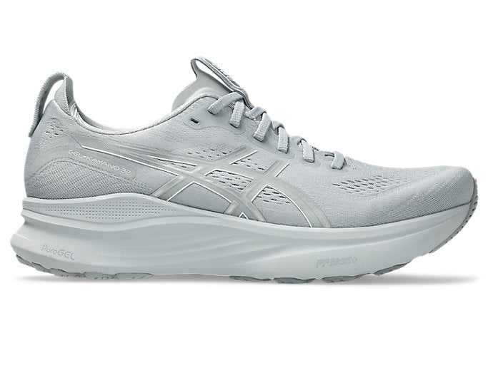Side view on white background of Mens Asics Gel-Kayano 32 running shoe in Piedmont Grey/Gravel, Medium (Regular) width