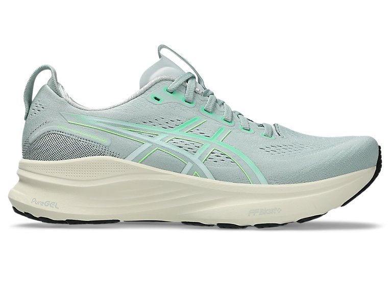 Side view on white background of Mens Asics Gel-Kayano 32 running shoe in Cold Moss/Vital Green, Wide width