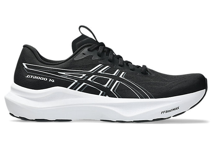 Side view on white background of Mens Asics GT-2000 14 running shoe in Black/White, Medium (Regular) width