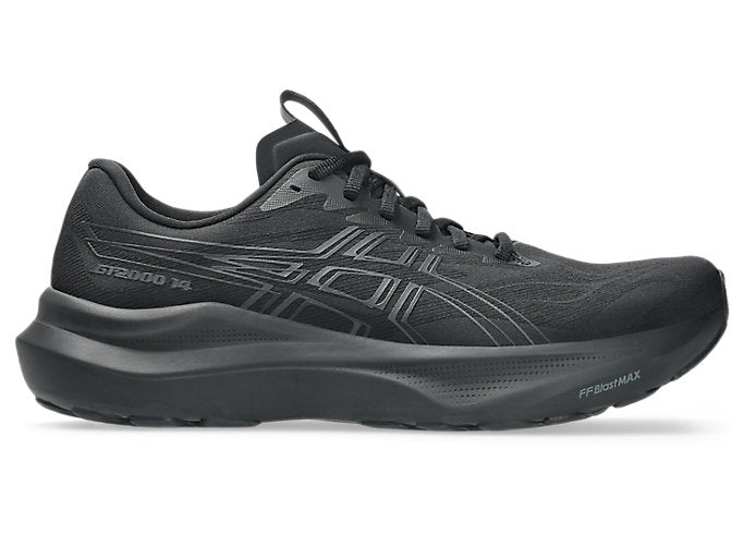 Side view on white background of Mens Asics GT-2000 14 running shoe in Black/Graphie Grey, Medium (Regular) width