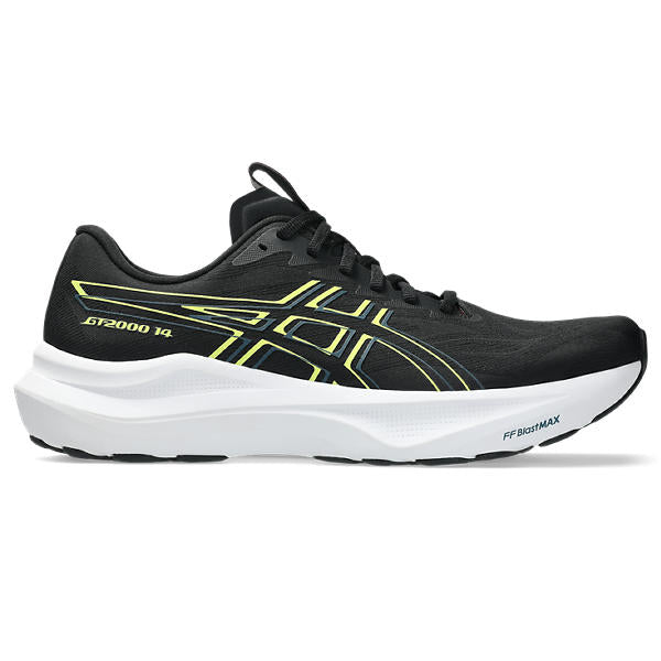 Side view on white background of Mens Asics GT-2000 14 running shoe in Black/Citron, Medium (Regular) width