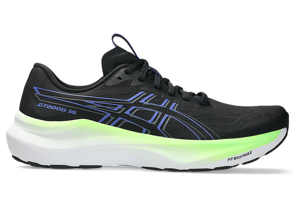 Side view on white background of Mens Asics GT-2000 14 running shoe in Black/Cobalt Burst, Medium (Regular) width