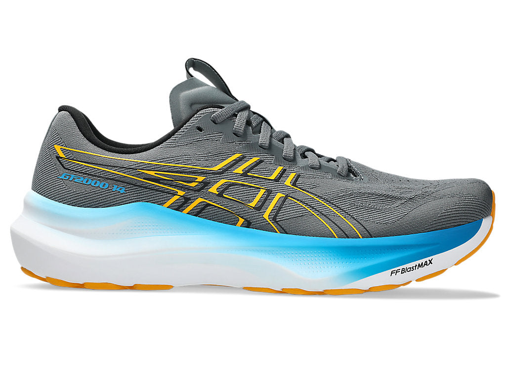 Side view on white background of Mens Asics GT-2000 14 running shoe in Steel Gray/Yamabuki, Medium (Regular) width