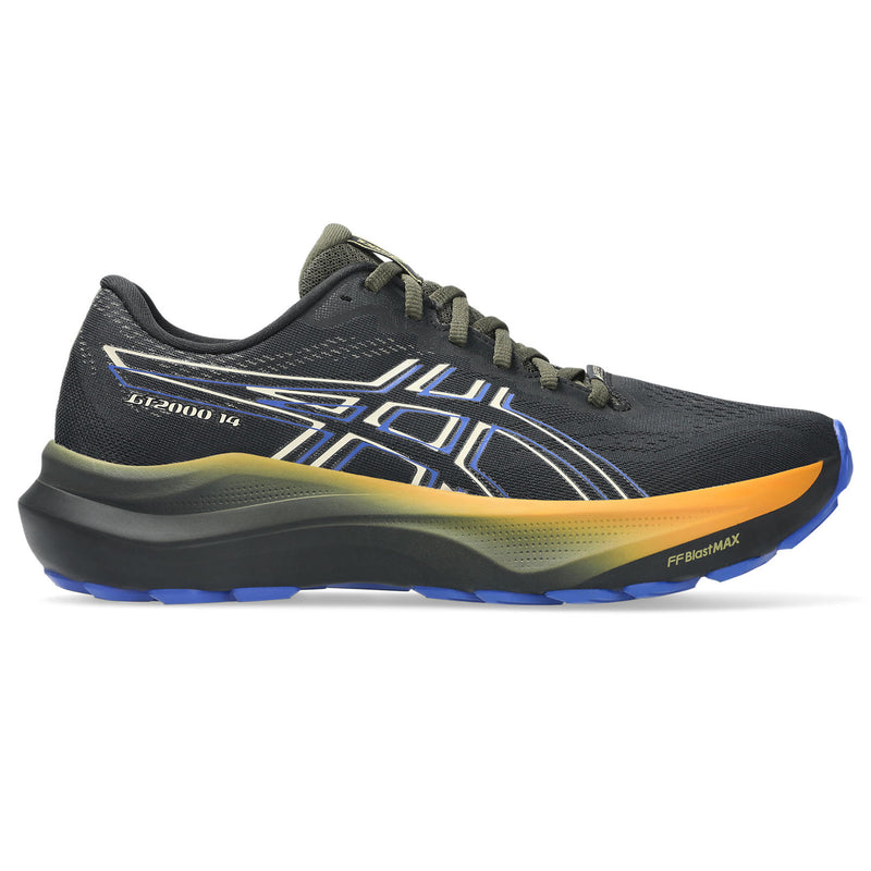 Side view on white background of Mens Asics GT-2000 14 GTX running shoe in Black/Vanilla, Medium (Regular) width
