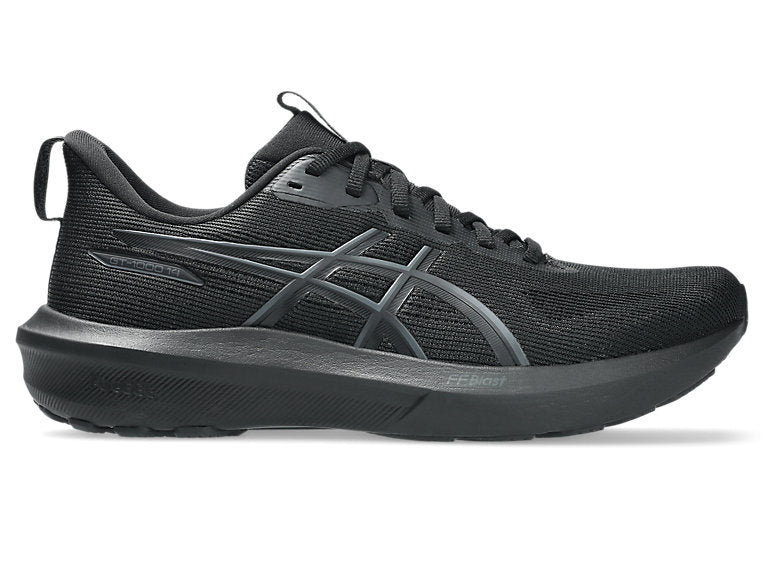 Side view on white background of Mens Asics GT-1000 14 running shoe in Black/Black, Extra Wide width