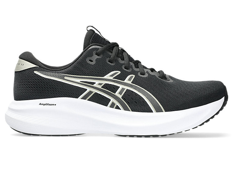 Side view on white background of Mens Asics Gel-Excite 11 running shoe in Black/Meteor Grey, Medium (Regular) width