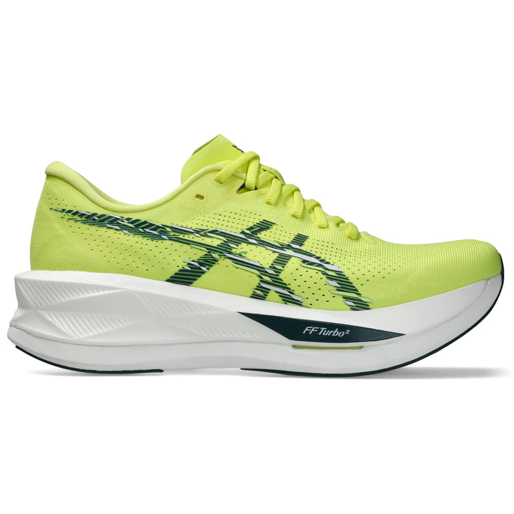 Side view on white background of Mens Asics Sonicblast running shoe in Citron/Tranquil Teal, Medium (Regular) width