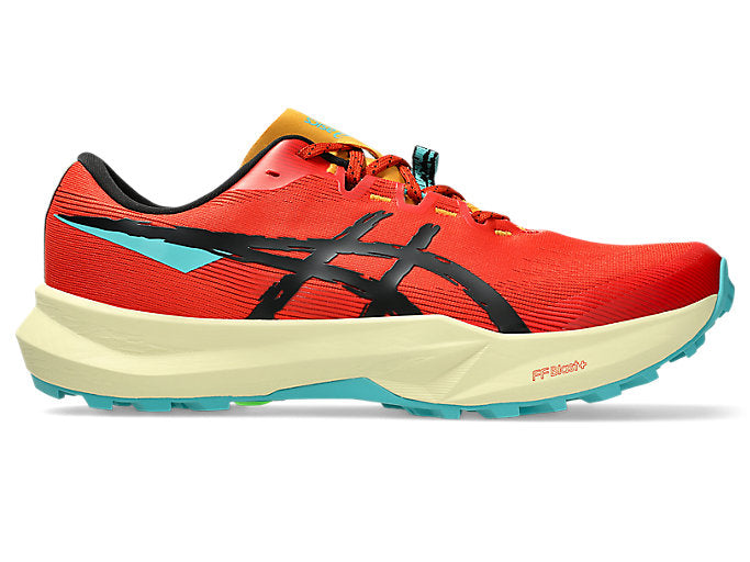 Side view on white background of Mens Asics Fuji Lite 6 running shoe in Red Clay/Black, Medium (Regular) width