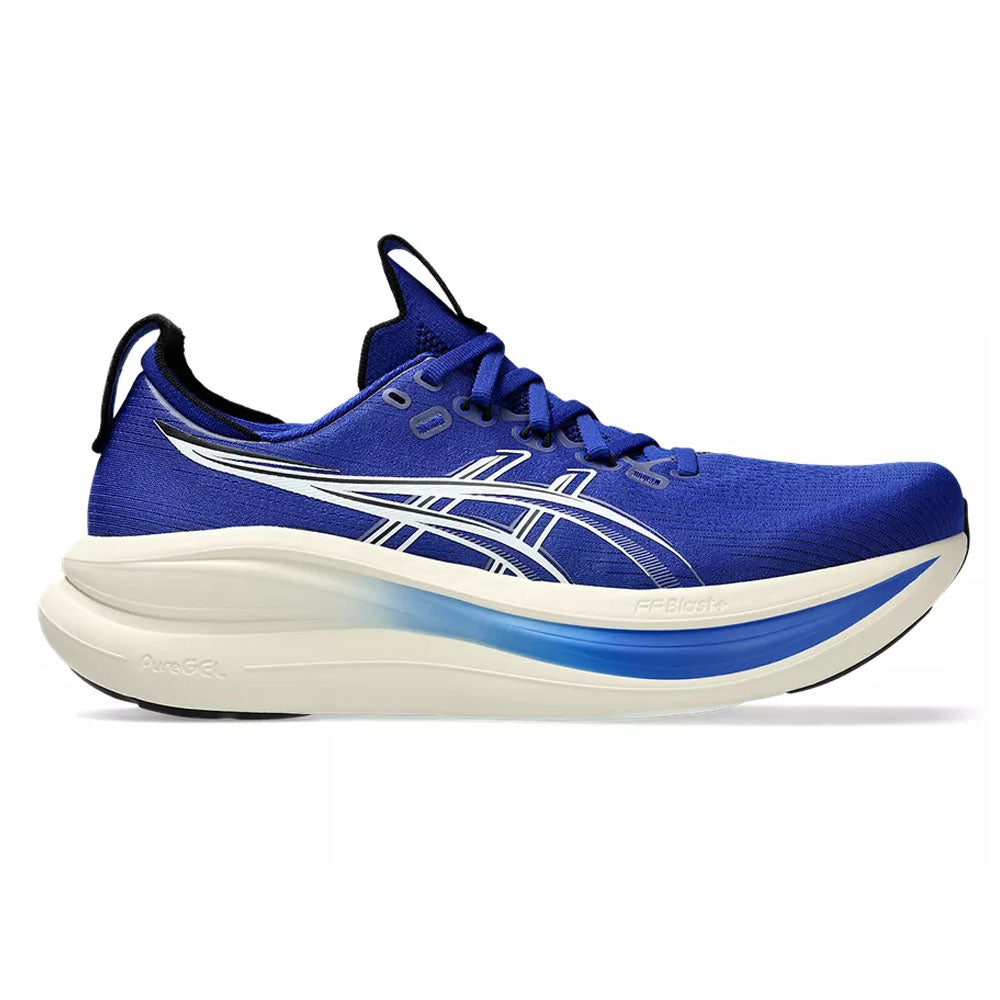 Side view on white background of Mens Asics Gel-Nimbus running shoe in Prussian Blue/Cream, Medium (Regular) width