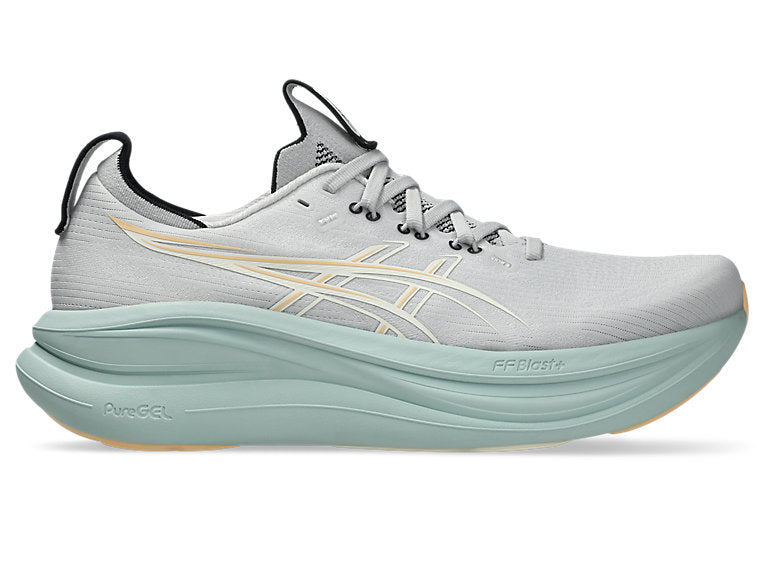 Side view on white background of Mens Asics Gel-Nimbus 28 running shoe in Cloud Grey/Cream, Medium (Regular) width