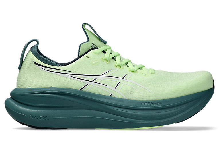 Side view on white background of Mens Asics Gel-Nimbus 28 running shoe in Illuminate Yellow/Foggy Teal, Medium (Regular) width