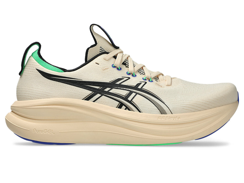 Side view on white background of Mens Asics Gel-Nimbus 28 running shoe in Seashell/Black, Medium (Regular) width