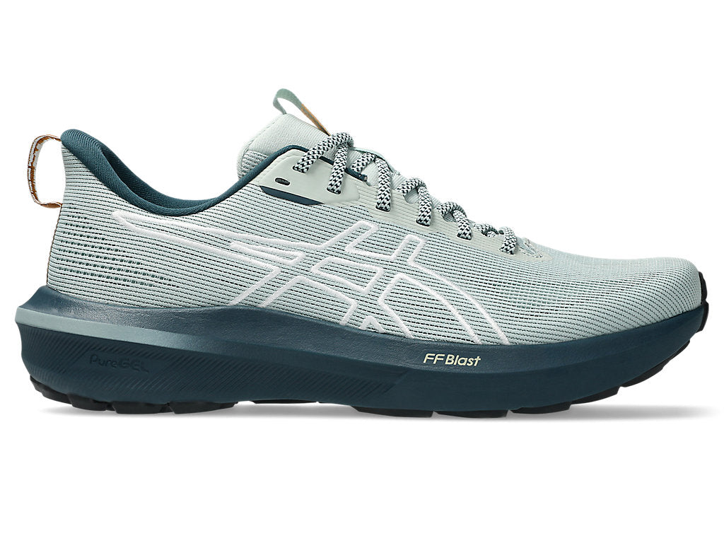 Side view on white background of Mens Asics GT-1000 14 TR running shoe in Nature Bathing/Lichen Rock, Medium (Regular) width