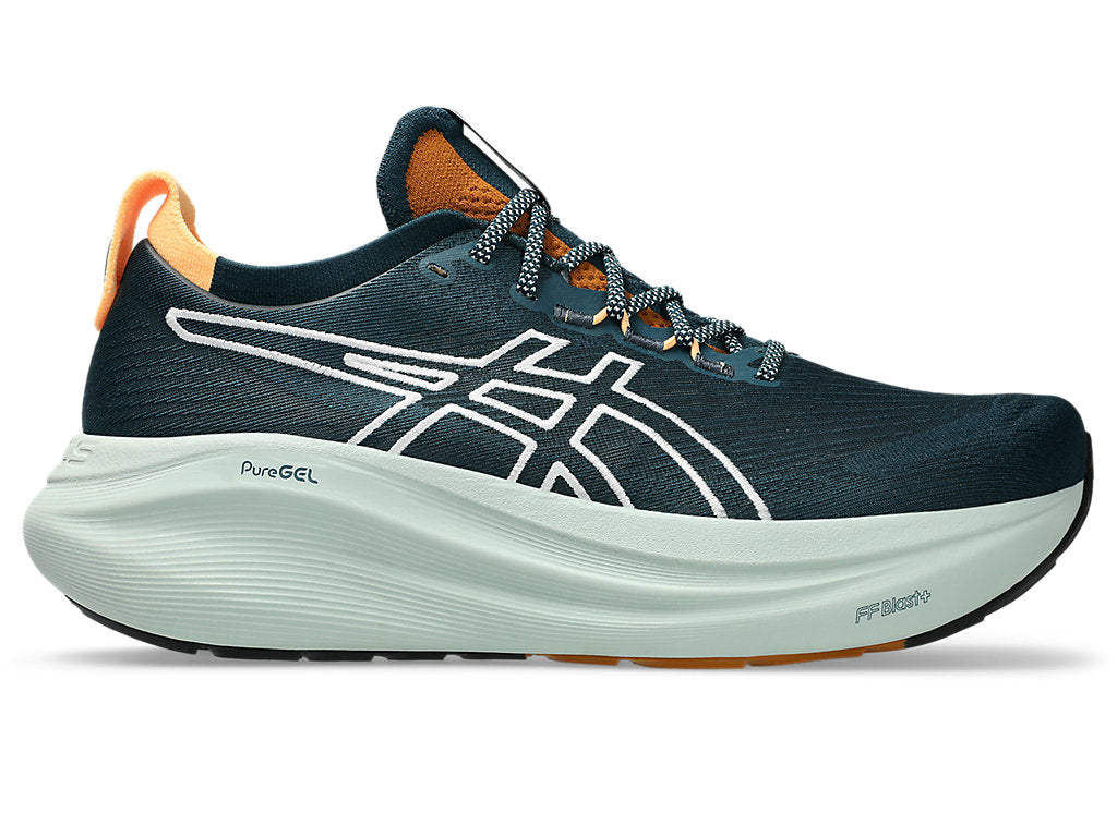 Side view on white background of Mens Asics Gel-Nimbus 27 TR running shoe in Nature Bathing/Tranquil Teal, Medium (Regular) width