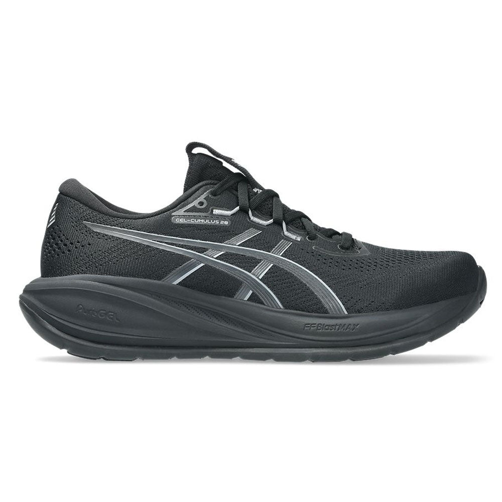 Side view on white background of Mens Asics Gel-Cumulus running shoe in Black/Carrier Grey, Medium (Regular) width