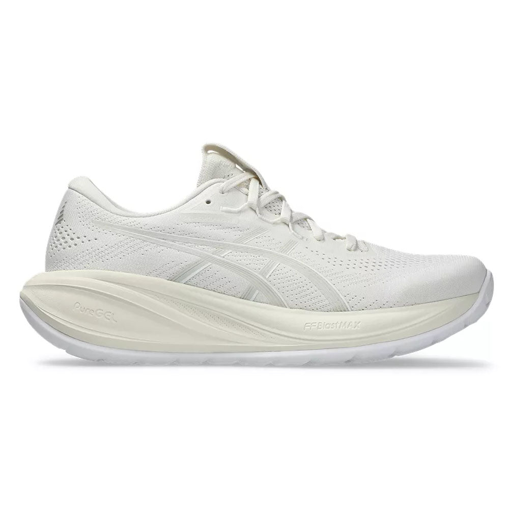 Side view on white background of Mens Asics Gel-Cumulus running shoe in Cream/Glacier Grey, Medium (Regular) width