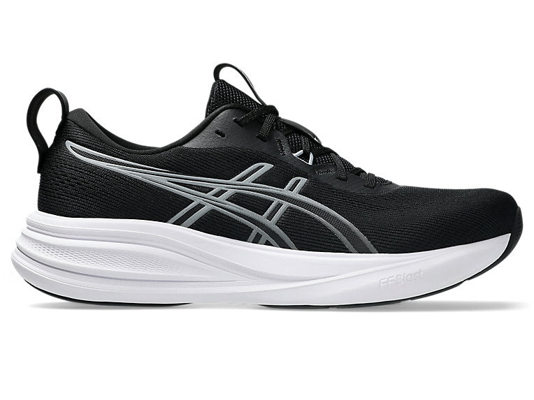 Side view on white background of Mens Asics Gel-Pulse 17 running shoe in Black/Gravel, Medium (Regular) width