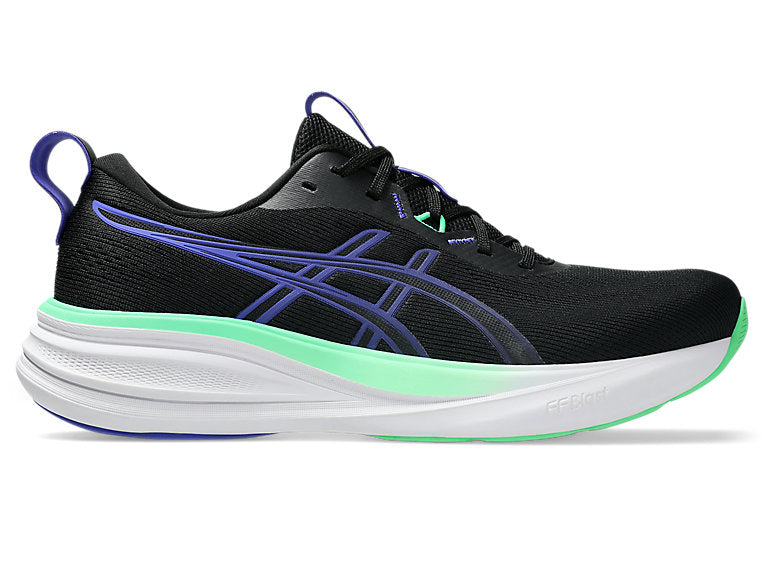 Side view on white background of Mens Asics Gel-Pulse 17 running shoe in Black/Cobalt Burst, Medium (Regular) width