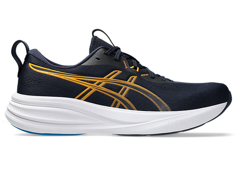 Side view on white background of Mens Asics Gel-Pulse 17 running shoe in Midnight/Yamabuki, Medium (Regular) width