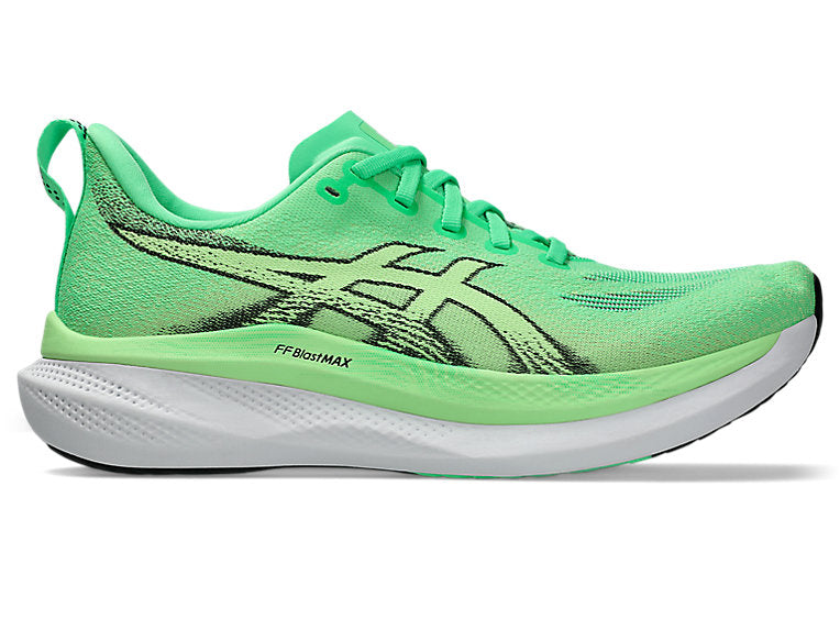 Side view on white background of Mens Asics Glideride Max 2 running shoe in Vital Green/Black, Medium (Regular) width