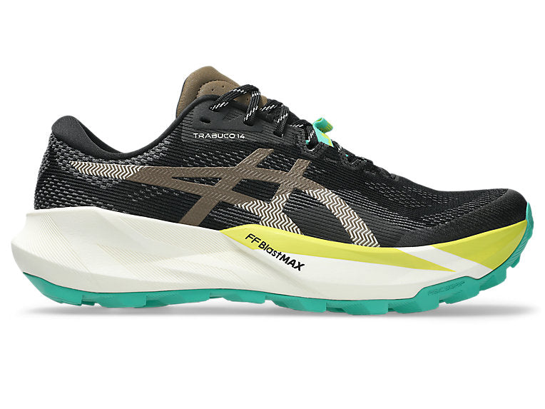 Side view on white background of Mens Asics Trabuco 14 Trail running shoe in Black/Clay Canyon, Medium (Regular) width