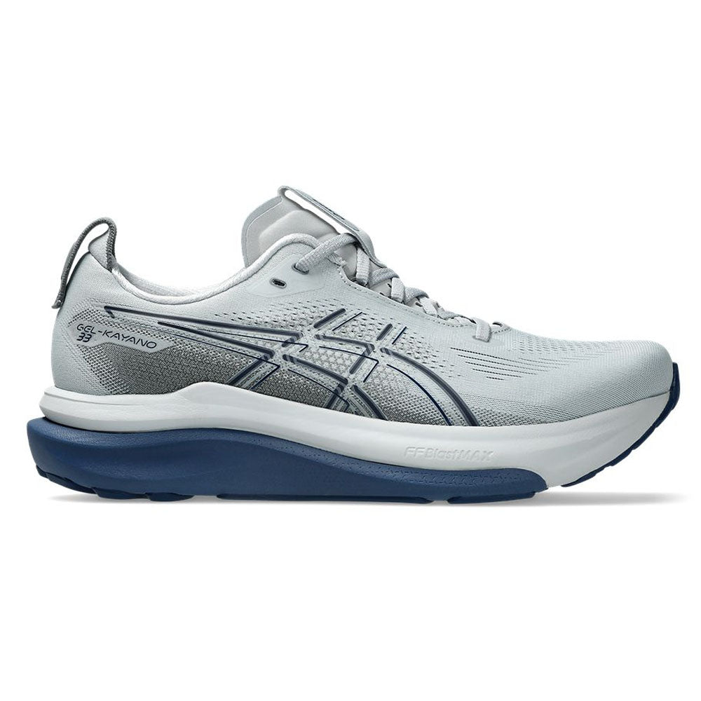Side view on white background of Mens Asics Gel-Kayano running shoe in Piedmont Grey/Midnight, Medium (Regular) width