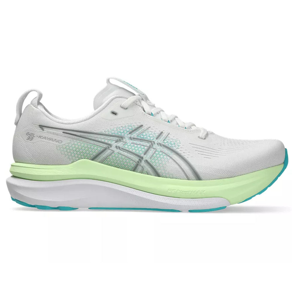 Side view on white background of Mens Asics Gel-Kayano running shoe in White/Energy Aqua, Medium (Regular) width