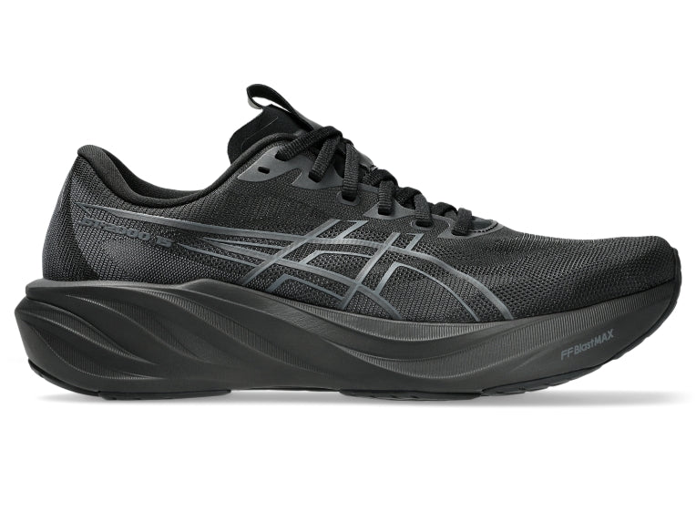 Side view on white background of Mens Asics GT-2000 15 running shoe in Black/Black, Wide width