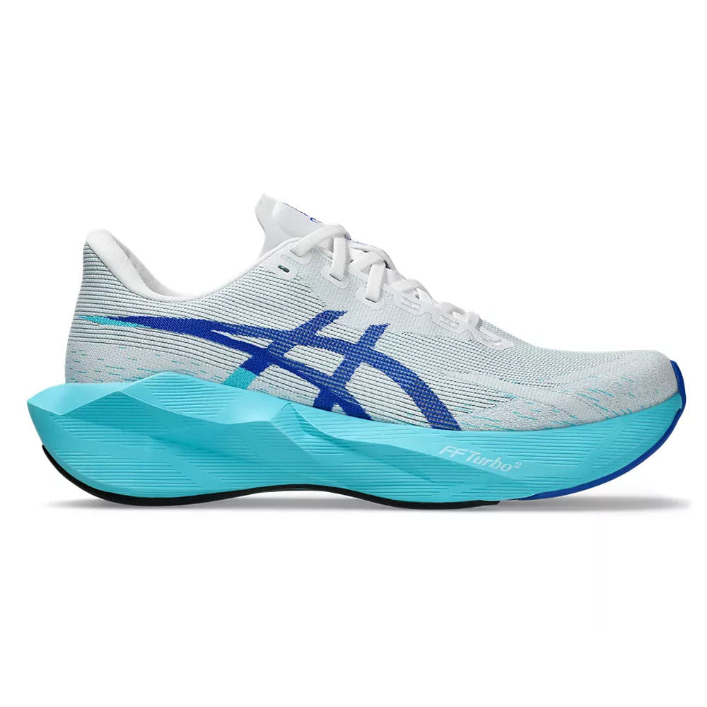 Side view on white background of Mens Asics Novablast running shoe in White/Energy Aqua, Medium (Regular) width