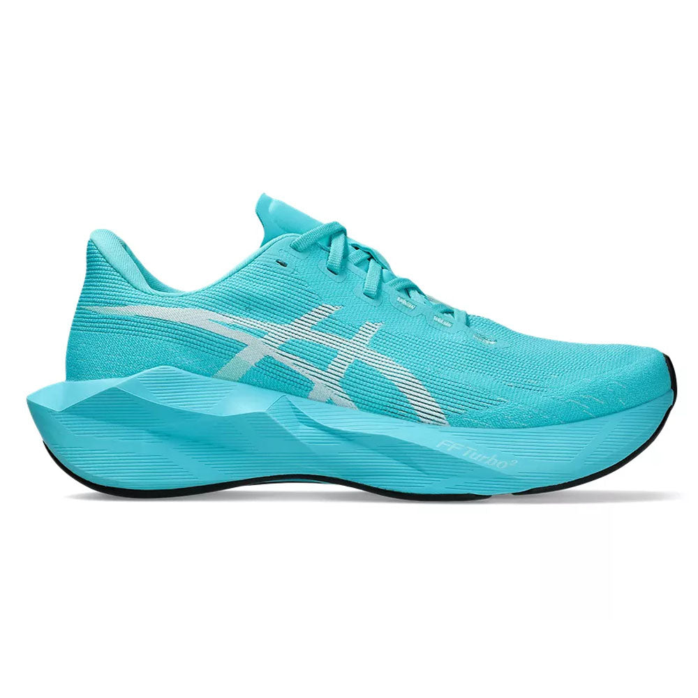 Side view on white background of Mens Asics Novablast running shoe in Energy Aqua/White, Medium (Regular) width